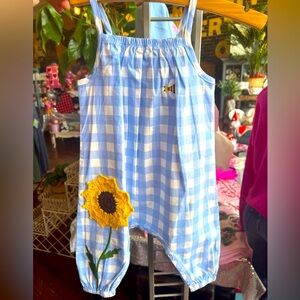 NWT MudPie Sunflower Bee Blue Plaid Baby Longall Sz 6-9